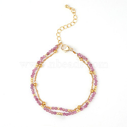 Bohemian Style Natural Pink Tourmaline Beads Double-strand Bracelets, Brass Cable Chain & Beads Bracelets for Women, Inner Diameter: 5/8 inch(1.65cm)~6-3/4 inch(17cm)(IB4334-1)