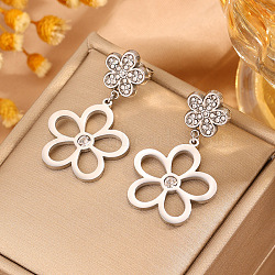 304 Stainless Steel & Crystal Rhinestone Stud Dangle Earrings, Flower, Stainless Steel Color, 35x20mm(WG71F23-02)