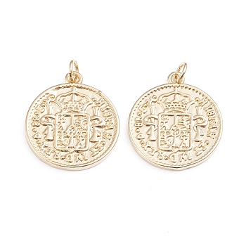 Brass Pendants, with Jump Rings, Long-Lasting Plated, Flat Round, Real 18K Gold Plated, 22.8x20x1.8mm, Hole: 3mm