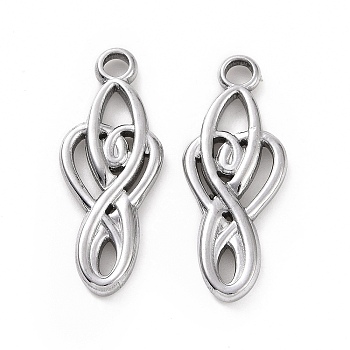 304 Stainless Steel Pendants, Infinity with Heart Charm, Stainless Steel Color, 26x10x2mm, Hole: 2.5mm