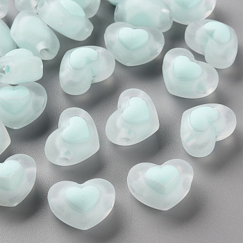 Transparent Acrylic Beads, Frosted, Bead in Bead, Heart, Light Blue, 13x17x9.5mm, Hole: 2.5mm, about 420pcs/500g