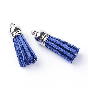 Faux Suede Tassel Pendant Decorations, with CCB Plastic Cord Ends, Platinum, Medium Blue, 35~37x10mm, Hole: 1.8mm