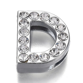 Alloy Letter Slide Charms, with Crystal Rhinestone, Cadmium Free & Lead Free, Platinum, Letter.D, 20x16.5x7mm, Hole: 2.5x18mm