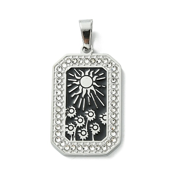 Ion Plating(IP) 304 Stainless Steel Pendants, with Enamel and Rhinestone, Rectangle with Tarot Charm, Stainless Steel Color, Black, 32x19.5x2mm, Hole: 6.5x4mm