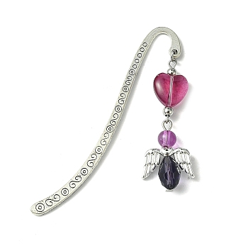 Glass Bead Heart Angel Bookmarks, Tibetan Style Alloy Hook Bookmarks, Purple, 83x15mm