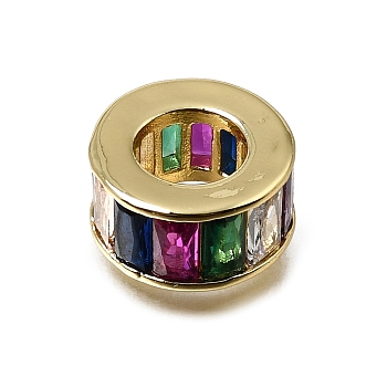 Brass Pave Cubic Zirconia European Beads, Large Hole Beads, Flat Round, Cadmium Free & Lead Free, Rack Plating, Long-Lasting Plated, Real 18K Gold Plated, Colorful, 12x6.5mm, Hole: 6mm