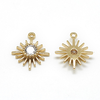 Brass Cubic Zirconia Charms, Flower, Clear, Real 18K Gold Plated, 14.5x12.5x3mm, Hole: 1mm