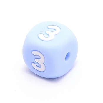 Silicone Beads, for Bracelet or Necklace Making, Arabic Numerals Style, Light Sky Blue Cube, Num.3, 10x10x10mm, Hole: 2mm