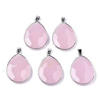 Natural Agate Pendants, with Platinum Tone Iron Pinch Bail, Faceted, Dyed, Teardrop, 37.5x26.5x8mm, Hole: 7x4mm
