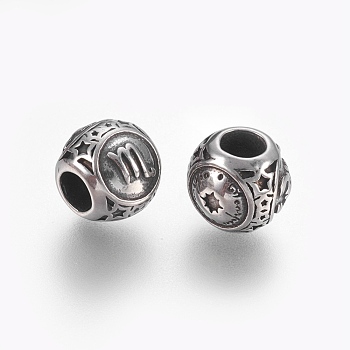 316 Surgical Stainless Steel European Beads, Large Hole Beads, Rondelle, Scorpio, Antique Silver, 10x9mm, Hole: 4mm