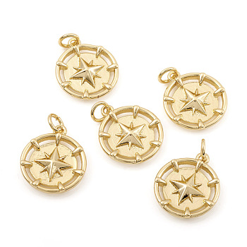 Brass Pendants, with Jump Rings, Compass, Real 18K Gold Plated, 17x15x2.5mm, Hole: 3mm