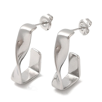 304 Stainless Steel Twist Rectangle Stud Earrings, Half Hoop Earrings, Stainless Steel Color, 13.5x5.5mm
