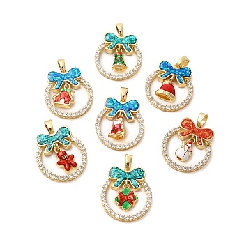 Christmas Theme Brass Micro Pave Cubic Zirconia Pendants, with Enamel & Synthetic Opal, Long-Lasting Plated, Lead Free & Cadmium Free, Real 18K Gold Plated, Bowknot Ring, Mixed Shapes, 25.5x23x5mm, Hole: 2.5x5mm