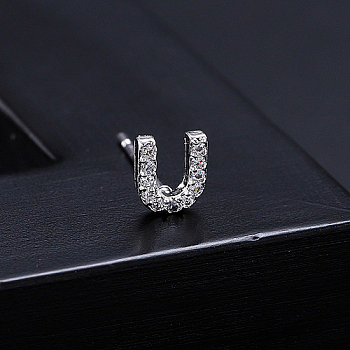 Platinum Brass Micro Pave Cubic Zirconia Stud Earrings, Initial Letter, Letter U, No Size