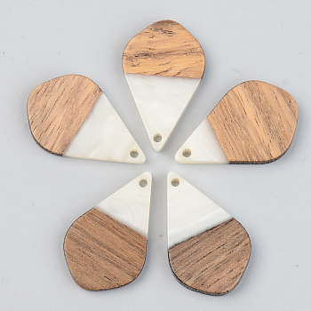Opaque Resin & Walnut Wood Pendants, Teardrop, Floral White, 28x17.5x3mm, Hole: 1.8mm