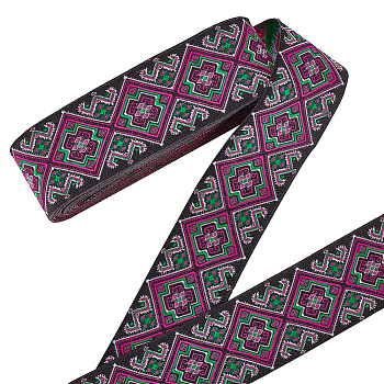 7M Ethnic Style Embroidery Polyester Ribbons, Jacquard Ribbon, Tyrolean Ribbon, Garment Accessories, Flower Pattern, Deep Pink, 1-7/8 inch(49mm), about 7.66 Yards(7m)/Pc