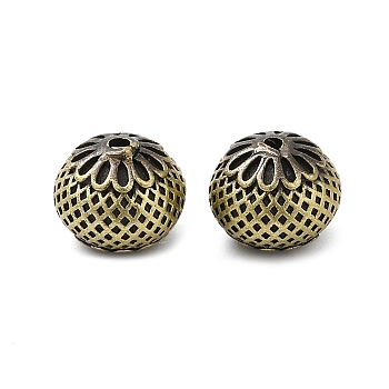 Tibetan Style Rack Plating Brass Bead, Long-Lasting Plated, Round with Flower, Brushed Antique Bronze, 9.5mm, Hole: 1.4mm