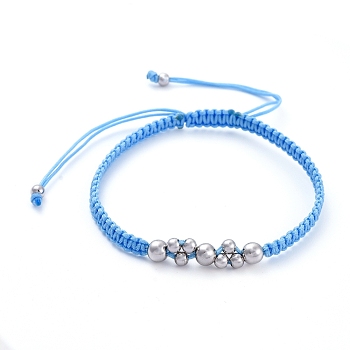 Adjustable Nylon Thread Braided Bead Bracelets, with Brass Round Beads, Light Sky Blue, Inner Diameter: 2-1/8 inch~3-1/2 inch(5.4~9cm)