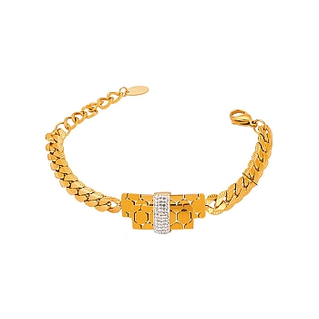 Cubic Zirconia Rectangle Link Bracelet with 304 Stainless Steel Chains, Golden, 7-1/8 inch(18cm)