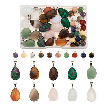 40Pcs 20 Style Natural & Synthetic Gemstone Pendants, with Platinum Brass Findings, Teardrop & Round, 2pcs/style