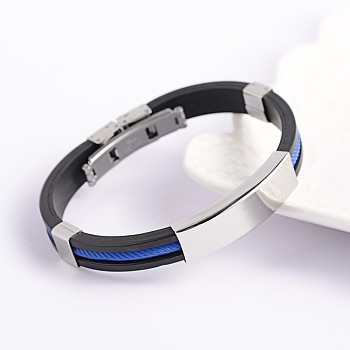 Trendy PU Leather Cord Bracelets, with 304 Stainless Steel Slider Charms and Watch Band Clasps, Dodger Blue, 68x54mm