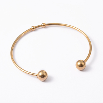 Fashion 304 Stainless Steel Cuff Bangles Torque Bangles, End with Immovable Round Beads, Golden, 50~65mm