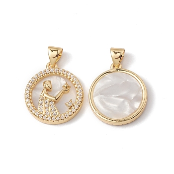 Rack Plating Brass Shell Pendants, with Cubic Zirconia & Natural Shell, Flat Round with Constellation Charms, Cadmium Free & Lead Free, Long-Lasting Plated, Real 18K Gold Plated, Virgo, 19x16x3mm, Hole: 4x3.5mm
