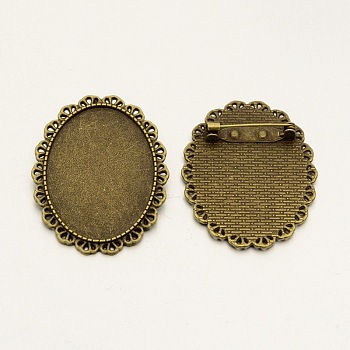Vintage Alloy Brooch Cabochon Bezel Settings, with Iron Pin Brooch Back Bar Findings, Oval, Cadmium Free & Nickel Free & Lead Free, Antique Bronze, Tray: 40x30mm, 48x38x2.5mm, Pin: 0.6mm