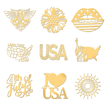 9Pcs Nickel Custom Self-adhesive Picture Stickers, Independence Day Metal Decals, Golden, Mixed Shapes, 40x40mm