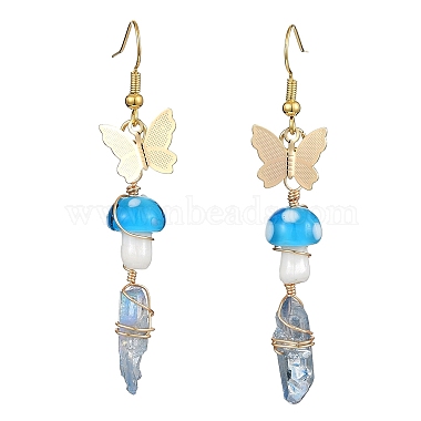 4 Pairs 4 Color Dyed Natural Quartz Crystal Nugget & Mushroom Lampwork Dangle Earrings(EJEW-TA00335)-3