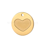 304 Stainless Steel Pendants, Flat Round with Heart, Ion Plating(IP), Real 14K Gold Plated, 10x10mm(STAS-OY005-70G)