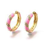 Brass Micro Pave Clear Cubic Zirconia Huggie Hoop Earrings, with Enamel, Ring, Real 18K Gold Plated, Pink, 20x4mm, Pin: 1mm(EJEW-H121-22G-05)