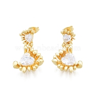Clear Cubic Zirconia Heart Dangle Stud Earrings, Brass Jewelry for Women, Golden, 30x15x6mm, Pin: 0.6mm(EJEW-I269-03G)