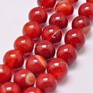 Natural Striped Agate/Banded Agate Bead Strands, Dyed & Heated, Round, Grade A, Orange Red, 10mm, Hole: 1mm, about 39pcs/strand, 15.2 inch(387mm)(G-G962-10mm-14)