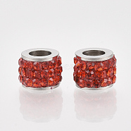 304 Stainless Steel Beads, with Polymer Clay Rhinestone, Column, Light Siam, 5.5x7mm, Hole: 3.5mm(STAS-T050-007G)
