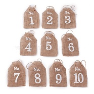 Hanging Linen Table Number Tags, Place Number Tags, with Hemp Rope, for Wedding, Party Decoration, Number 1~10, Peru, Tag: 103~105x70~71x1mm, 10pcs/set(HJEW-WH0021-17)