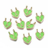 Alloy Enamel Charms, Cadmium Free & Lead Free, Heart with Initial Letters, Light Gold, Lime, Letter.A, 14.5x11.5x4.5mm, Hole: 2mm(ENAM-T012-02A-RS)