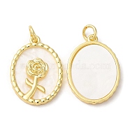 Plastic Pendants, with Rack Plating Brass Findings and Jump Ring, Long-Lasting Plated, Oval with Rose Charm, Real 18K Gold Plated, 25.5x18x3mm, Hole: 4mm(KK-Q771-04G)