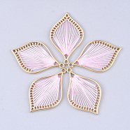 Cotton Thread Woven Pendants, with Alloy Findings, Leaf, Golden, Pink, 43x26.5x2mm, Hole: 1.8mm(FIND-S306-03G)