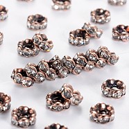 Brass Rhinestone Spacer Beads, Grade AAA, Wavy Edge, Nickel Free, Red Copper Metal Color, Rondelle, Crystal, 6x3mm, Hole: 1mm(RB-A014-L6mm-01R-NF)