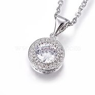 304 Stainless Steel Pendant Necklaces, with Cubic Zirconia, Clear, Flat Round, Stainless Steel Color, 17.71 inch(45cm)(NJEW-L146-01P)