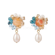 Natural Carnelian & Apatite Beaded Flower with Shell Pearl Dangle Stud Earrings, 304 Stainless Steel Braided Bead Jewelry for Women, Colorful, 32mm, Pin: 0.6mm(EJEW-TA00163)