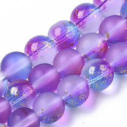 Frosted Spray Painted Glass Beads Strands, with Golden Foil, Round, Blue Violet, 8~9mm, Hole: 1.2~1.5mm, about 46~56pcs/Strand, 14.37 inch~16.3 inch(36.5~41.4cm)(X-GLAA-N035-03C-C03)
