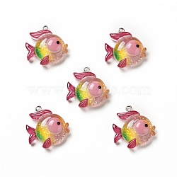 Ocean Theme Transparent Resin Pendants, with Glitter Powder and Platinum Tone Iron Loops, Sea Animal Charm, Colorful, Fish Pattern, 26x27x10mm, Hole: 2mm(RESI-E024-05P-03)