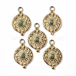 Vacuum Plating 201 Stainless Steel Natural Turquoise Pendants, Real 18K Gold Plated, Flat Round with Sun Charms, 25x16x4mm, Hole: 3mm(STAS-C064-VC868)
