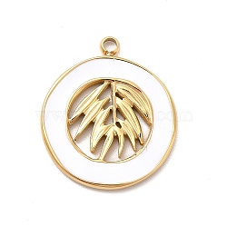304 Stainless Steel Enamel Pendants, Golden, Flat Round with Leaf Charm, White, 18x16x1mm, Hole: 1.6mm(STAS-K246-01D)