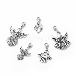 Alloy Pendant Decoration, with Zinc Alloy Lobster Claw Clasps, Angel & Wings, Antique Silver & Platinum, 38~60mm(HJEW-JM00637)