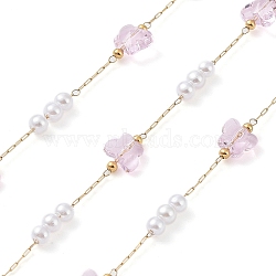 Handmade Glass Butterfly and ABS Plastic Imitation Pearl Beaded Chains, with 304 Stainless Steel Findings, Soldered, with Spool, Golden, 4x3.5mm, 6x7.5x4.5mm, about 16.40 Feet(5m)/Roll(CHC-R135-15G)