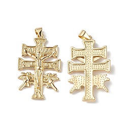 Eco-Friendly Rack Plating Brass Pendants, Lead Free & Cadmium Free, Long-Lasting Plated, Cross with Jesus and Angel Charm, Religion, Real 18K Gold Plated, 33.5x21x3mm, Hole: 3.5x5mm(KK-F848-14G)