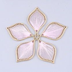 Cotton Thread Woven Pendants, with Alloy Findings, Leaf, Golden, Pink, 43x26.5x2mm, Hole: 1.8mm(FIND-S306-03G)